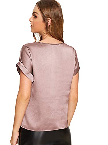 Floerns Women's Elegant Round Neck Rolled Short Sleeve Satin Silk Blouse Tops Pink M #TOP6