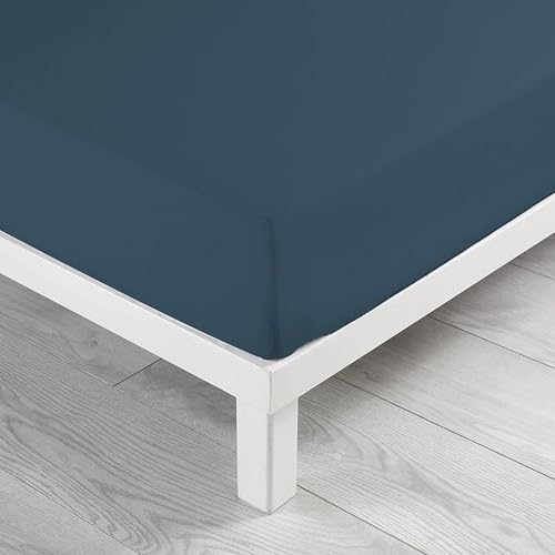 douceur d'intérieur, Drap Housse (90 x 190 cm) Lina Bleu Nuit, 100% Coton