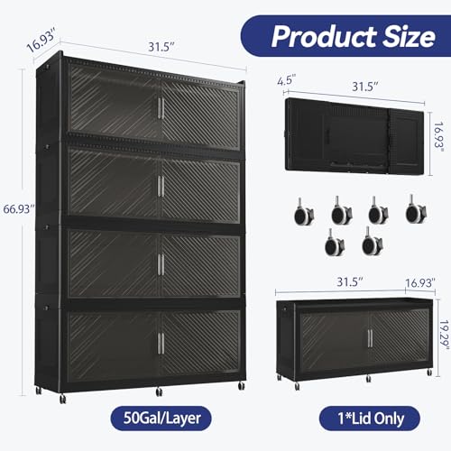 Image of 200 Gallon Extra Large Collapsible Storage Bin with Lid, 960QT Stackable Plastic Organizer with 6x Wheels, Foldable Drawer Cabinet for Closet, Living Room Office, Kitchen 4Pack, Black