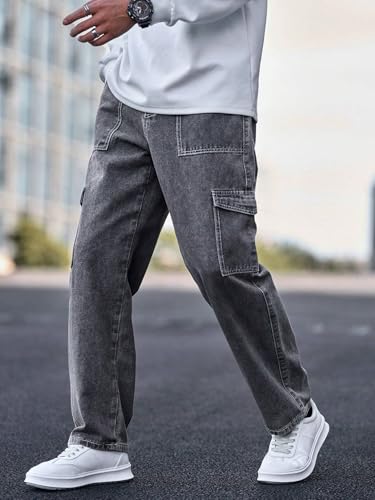 Image of TAGAS Men's Mid Rise Relaxed FIT Denim Jeans | Cargo | Multi Pocket Pant | Loose Fit Jeans | MDJ-19, Black, 30