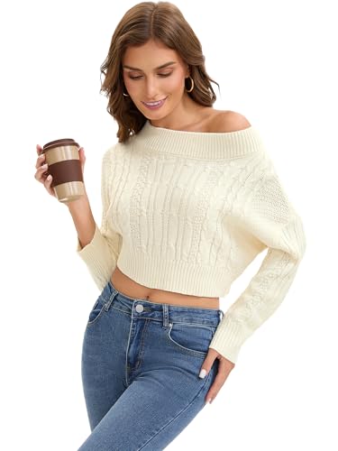 Women Off Shoulder Sweaters Batwing Sleeve Knit Pullover Long Sleeve Cropped Sweater Tops Fall Outfits3