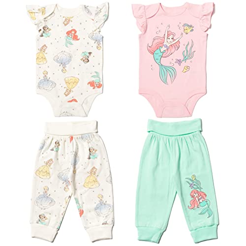 Image of Disney Cinderella Jasmine Princess Belle Baby Girls Cuddly Snap Bodysuits Pants Newborn to Infant