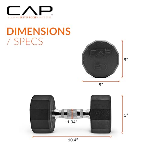 Image of CAP Rubber Coated Dumbbell Weights, Free Weights for Home Gym Strength Training, Anti-Roll Hex Dumbbells with Black, Chrome & Comfort Grip Handles, Singles
