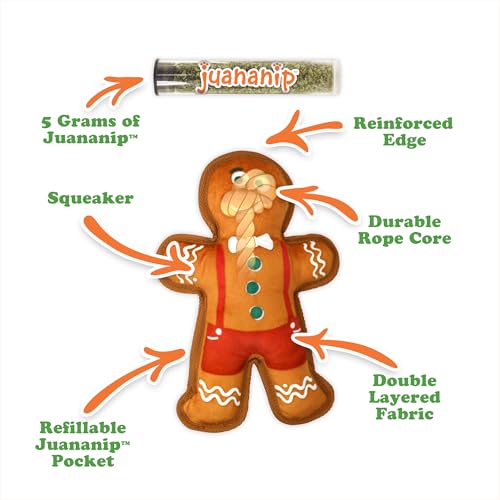 Image of Doggijuana Tuffer Chewer Dog Toy, Gingerbread | Holiday Plush, Squeaky | Squeaky plush dog toy with calming Juananip catnip inside; eases anxiety, stress & boredom; durable interactive chew toy