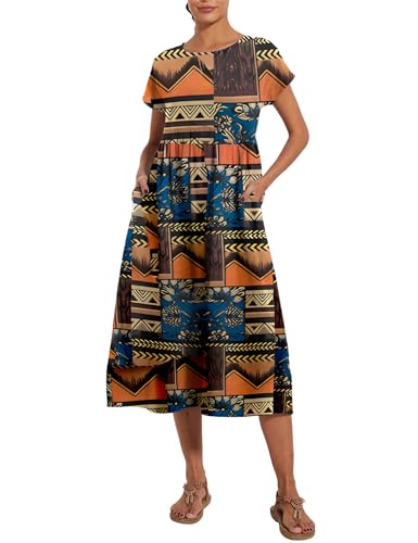 Image of LARMLISS Baggy Crew Neck Dress for Women Summer Casual Comfy Cotton Short Sleeve Tunic Beach Maxi Dresses with Pockets