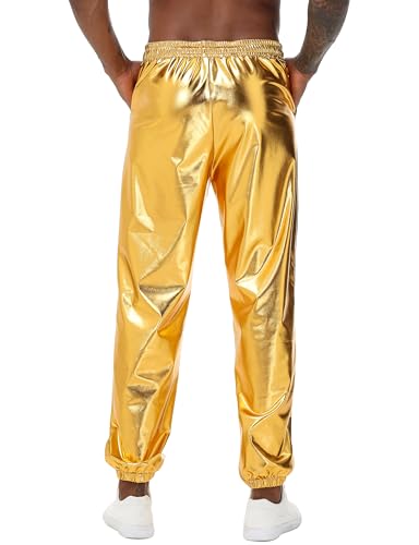Mens Gold Metallic Shiny Rave Night Club Pants Comfort Sweatpants Disco Dance Party Elastic Trousers2