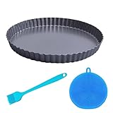 Tongdejing 24,1 cm tiefe Quicheformen mit losem Boden, runde Dessertkuchenform mit 2 Bürsten, runde Dessertkuchenform, Karbonstahl-Tarte-Formen zum Backen (Farbe: Dunkelgrau)