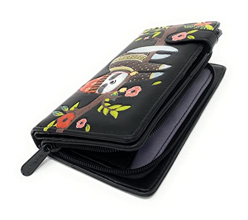 Shag Wear Chillin Sloth Large Animal Wallet for Women and Teen Girls Vegan Faux Leather Black 7"3