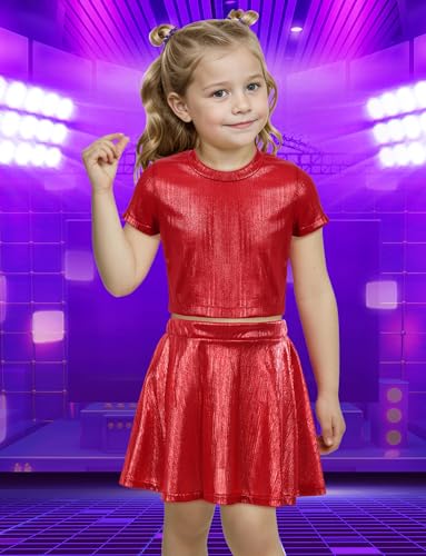 Image of Happy Cherry Kid Girl Shiny Skirt and Top Set 2 Piece Texture Ribbed Metallic Disco Rave Cheer Outfit 4-12T