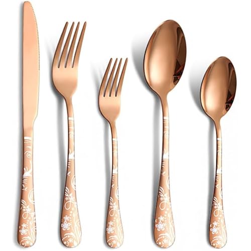 Image of aDai Rosegold Silverware Set | Satin Finish 5-Piece Flatware Set with Unique Floral Printed Handle | Dishwasher Safe Stainless Steel Cutlery for Home, Restaurant & Gifting