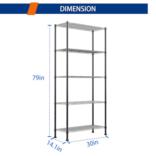 Image of REGILLER 5-Wire Shelving Metal Storage Rack Adjustable Shelves,Standing Storage Shelf Units for Laundry Bathroom Kitchen Pantry Closet(Black,14.1 inch D x 30 inch W x 79 inch H)