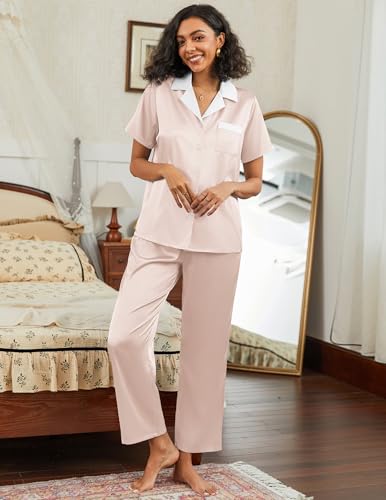 Image of Ekouaer Satin Pajamas Set for Women Silk Button Down Sleepwear Short Sleeve Loungewear 2 Pieces Nightwear