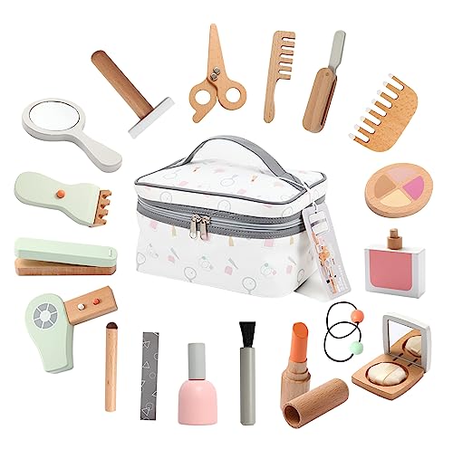 tetewood Wooden Kids Makeup Toy Set, Girls Pretend Cosmetic Bag Toys, Play House Beauty Salon Game, Birthday Gift for 3-9 Years Old Christmas 19pcs
