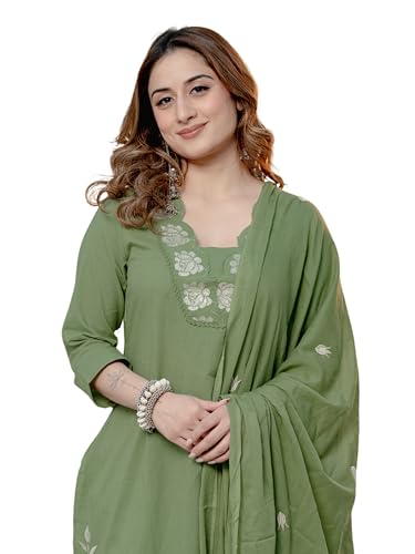 Image of Arayna Women's Pure Cotton Embroidered Kurta Pant Dupatta Set | Straight Kurta with Floral Embroidery | Ethnic Suit Set for Women