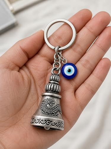 Image of Guardian Bell Keychain, Silver, Metal, Good Luck Charm with Evil Eye Nazar, for Bike & Motorcycle