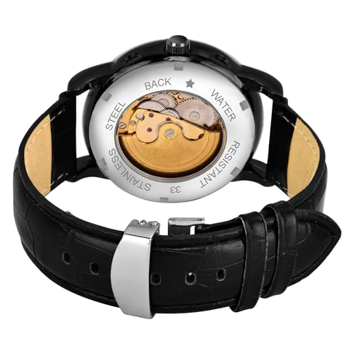 Image of Benling Skeleton Analog Automatic Watch for Men, Mechanical Movement, Leather Strap, Formal Casual Party Official Purpose