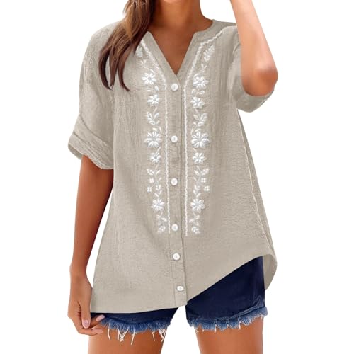 Boho Embroidered Linen Shirts for Women Button Down Henley V-Neck Gauze Peasant Tops Short Sleeve Summer Blouses
