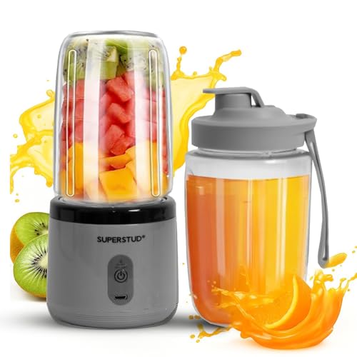 SUPERSTUD Blender for Smoothies & Juices | Mini Blender Mixer Grinder | 2-Jar Capacity (400ml*2) | 45 Watts Bullet Rechargeable Portable Juicer | Auto-Stop After 40s (GREY)