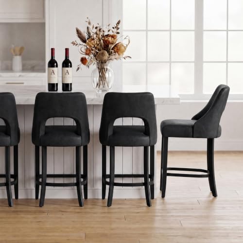 Image of UVV Bar Stools Set of 4, Modern Upholstered Counter Height Bar Stools, Faux Leather Counter Stools BarStools with Wood Legs for Kitchen Island Dining Room Bar, Black