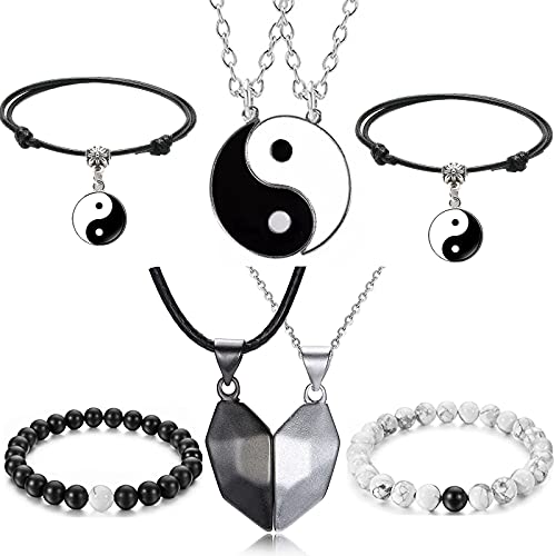 XHBTS 8 Stück passende Yin Yang Freund Paar Armbänder mit Halskette Set, verstellbare wasserdichte handgemachte Schnur Beziehungsarmbänder für Freundschaftsbeziehung Freund Freundin
