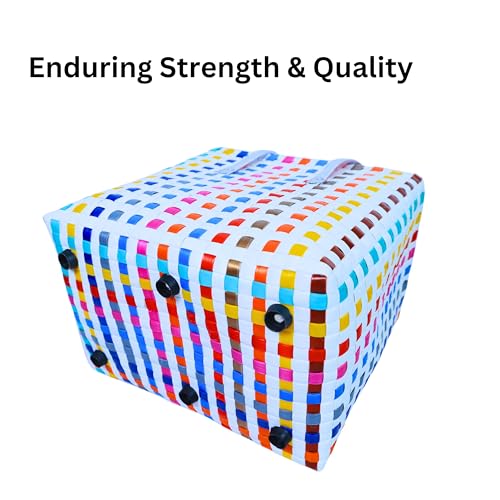 Image of Hand Made Multipurpose Plastic Basket with Lid | Eco-Friendly, Washable, Rust-Free Storage Basket for Kitchen, Picnic, Toys, Travel, Office | Lightweight basket (White with Orange, M)
