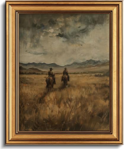 Image of Gold Framed 3D Textured Wall Art, Vintage Western Cowboy Horse Canvas Prints, Wild West Mountain Landscape Pictures Decor, Mid-Century Equestrian Gallery Artwork for Living Room Office 16x12 in