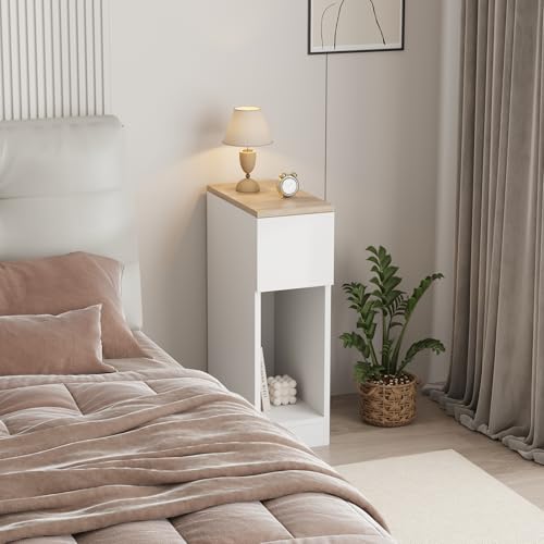 Menaka Small Sofa Side Table Slim Bedside Table Cabinet Bedroom Thin Nightstand Wood with Storage Shelf and Drawers for Narrow Corner Space (white#3)