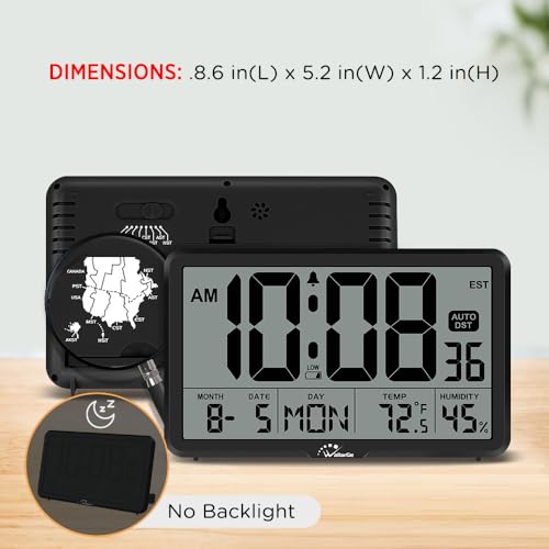 Image of WallarGe Digital Wall Clock, Autoset Desk Clocks with Temperature, Humidity and Date, Battery Operated Digital Wall Clock Large Display, 8 Time Zone, Auto DST. (Black)