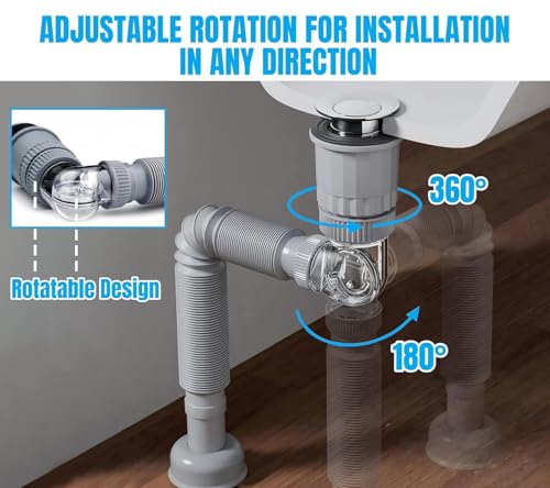 Image of Universal Sink Drain Pipe Kit with Pop-Up Strainer | 3-in-1 Anti-Odor, Anti-Backflow, Leak-Proof Waste Pipe | Fits 1-1 /4 inch & 1-1 /2 inch Drain | Space-Saving Design for Kitchen & Bathroom Basin