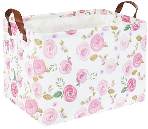 Image of Rose Pink Baby Basket Nursery Baskets Girl Baby Storage Bins Rectangular Cute Kids Toy Storage Bin Organizer Book Shelf Basket Rose Room Decor(Pink Rose)
