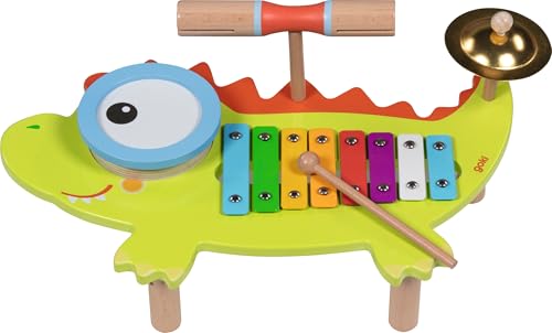 goki 61854 Music Station Crocodile Wood and Metal, Colourful Instruments such as Xylophones and Cymbals, Promotes Musical Interest and Auditory Perception, 41 cm x 25 cm x 12 cm, from 3 Years
