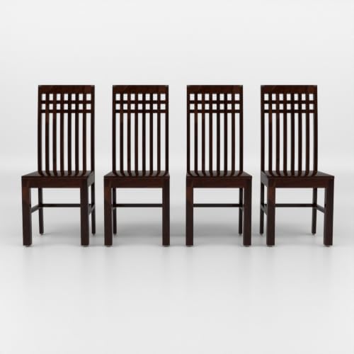 Image of Solid Sheesham Wood Dining Chair Set of 4 | Premium Wooden Dining Chairs | Elegant Vertical Slatted High Backrest | Heavy Duty Dining Table Chairs for Home, Kitchen & Dining Room