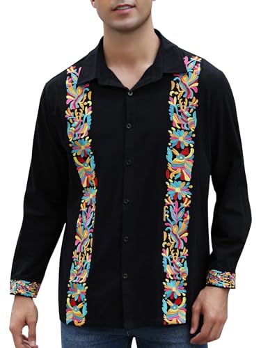 Vackutliv Mexican Shirts for Men Guayabera para Cinco De Mayo Fiesta Traditional Embroidered Collared Button Up Long Sleeve Hombre Camisas Dress Shirts Style Outfit Alebrijes Black