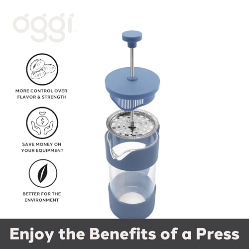 Oggi French Press Coffee Maker (12oz)- Borosilicate Glass, Coffee Press, Single Cup French Press, 3 cup Capacity, Blue by Oggi - Image 3