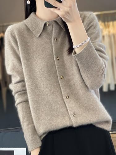 100% Merino Wool Sweaters Women's Fall Winter Warm Soft Knitted Shirt Lapel Polo Collar Cardigan Long Sleeves4