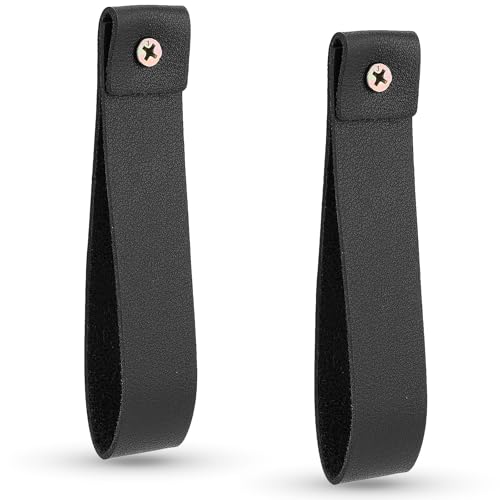 2PCS PU Leather Wall Hooks, 1x4.7 Inch Wall Hanging Strap, Leather Curtain Rod Holder, Boho Decorative Wall-Mount Straps, Wall-Mounted Towel Hanger Loop for Bathroom, Kitchen and Bedroom (Black)
