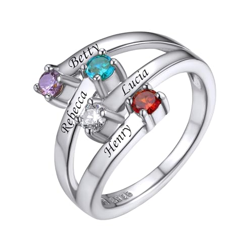 Custom4U Personalized 1-4 Birthstone Rings for Women Promise Rings for Her Sterling Silver Mothers Ring Customized Cubic Zirconia Stones Wedding/Valentine's Day/Mother's Day Jewelry Gift for