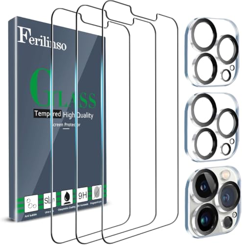 Image of Ferilinso 3 Pack Screen Protector for iPhone 13 Pro, Tempered Glass, HD | 9H+ Hardness, Military-Grade Shatterproof, Case Friendly, Easy Installation Bubble Free, with Camera Lens Protectors