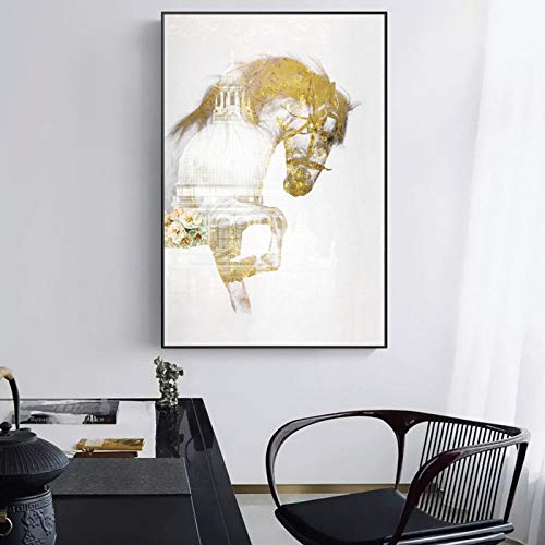 Cuadro de caballo blanco y edificios lienzo moderno para decorar una sala de estar 3