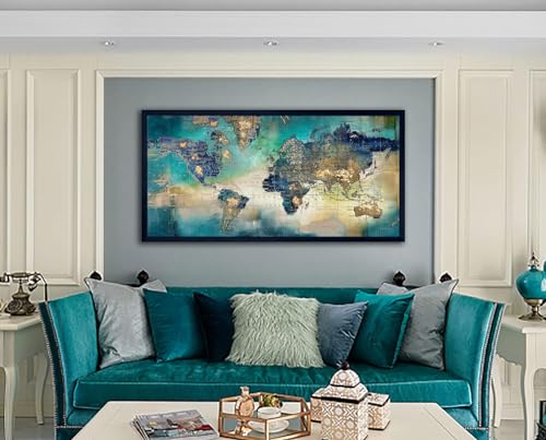 Image of Large World Map Canvas Prints Wall Art for Living Room Office inch29x58 inch Green World Map Picture Artwork Decor for Home Decoration Black Framed Wall Art