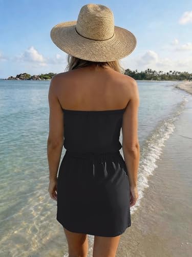 Image of Summer Dress for Women Strapless Beach Cover Ups Boho Sundress Mini Dress Drawstring Waist with Pockets
