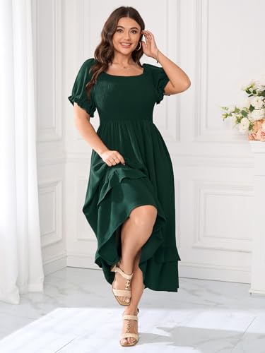Image of Women's Plus Size Dress Square Neck Short Sleeve Smocked Elastic Waist Tiered Ruffle Hem Maxi Dresses