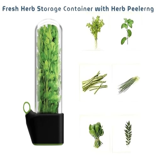 Image of Fresh Herb Storage Container with Herb Peeler, Clear Glass Keeper for Parsley, Asparagus and Herbs,Herb & Vegetable Storage Container for Fridge, Black Base