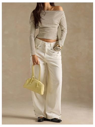 Image of RoseSeek Women's Striped Off The Shoulder Tops Long Sleeve Elegant Tshirts