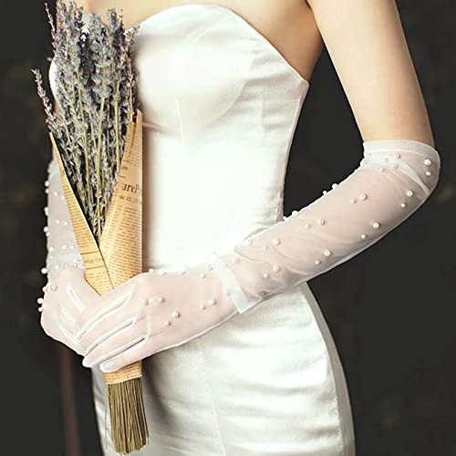 image for Acenail Pearl Women’s Wedding Gloves Long Tulle Bridal Gloves White 