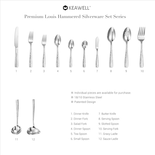 KEAWELL Premium 20/45/65 Piece Louis Hammered Silverware Set with Squared Edge, 18/10 Stainless Steel, Service for 4/8/12, Fine Flatware Set, Dishwasher Safe (65) by KEAWELL - Image 8