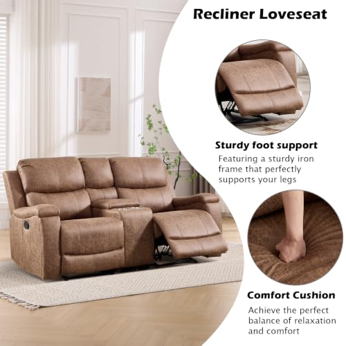 Image of CANMOV Faux Leather Manual Reclining Sofa Set, 2 Manual Recliner Chairs and 2 Seat Recliner Loveseat with Center Console, Hidden Storage and Cup Holders for Living Room,Bedroom Furniture,Nut Brown