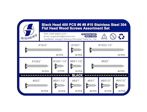 Image of QISHENG 400 PCS Black Head #6#8#10 Stainless Steel Phillips Flat Head Wood Screws Assortment Set,Stainless Steel 18-8 A2(304) Screw,Home Screw Kit