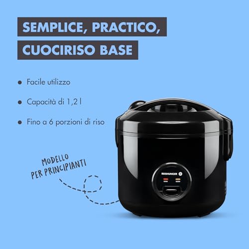 Reishunger Cuociriso Elettrico e Vaporiera con Funzione di Mantenimento del Caldo, Nero - Per 1-6 Persone - Preparazione Rapida Senza Bruciature - Rivestimento Ceramico - immagine 3