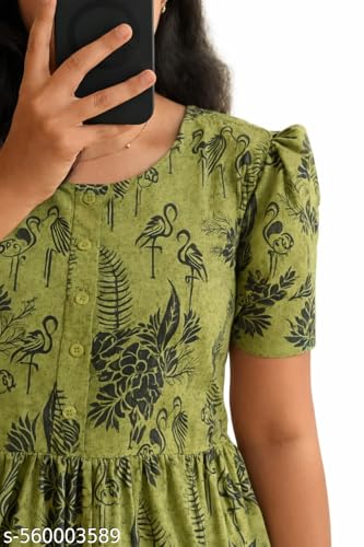 Image of Women's Rayon A-Line Midi Dress, Floral Print, Short Sleeves, Round Neck, Tiered Design